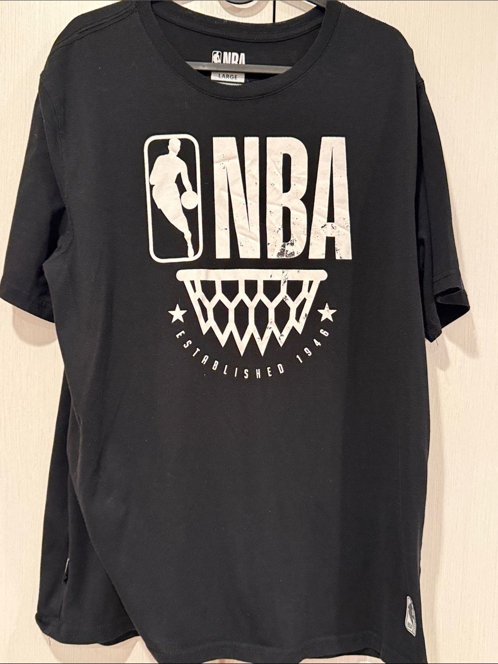 NBA Black Tee with White Logo and Hoop Graphic